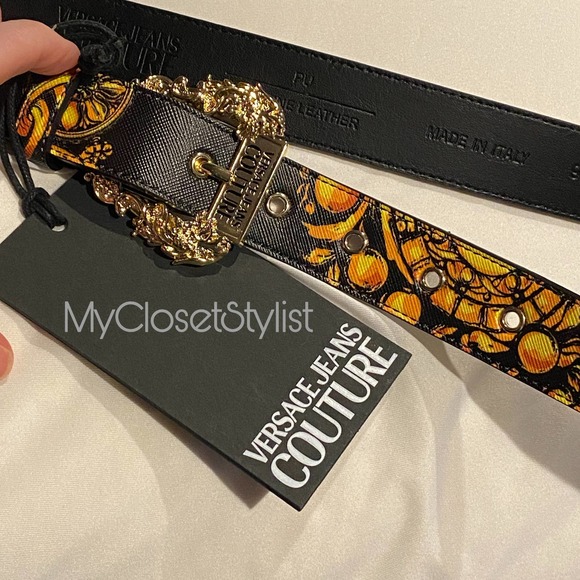 MENS VERSACE Gold Statement Leather Belt NWT Signature Pattern Italy 95 large 36 - Picture 5 of 5